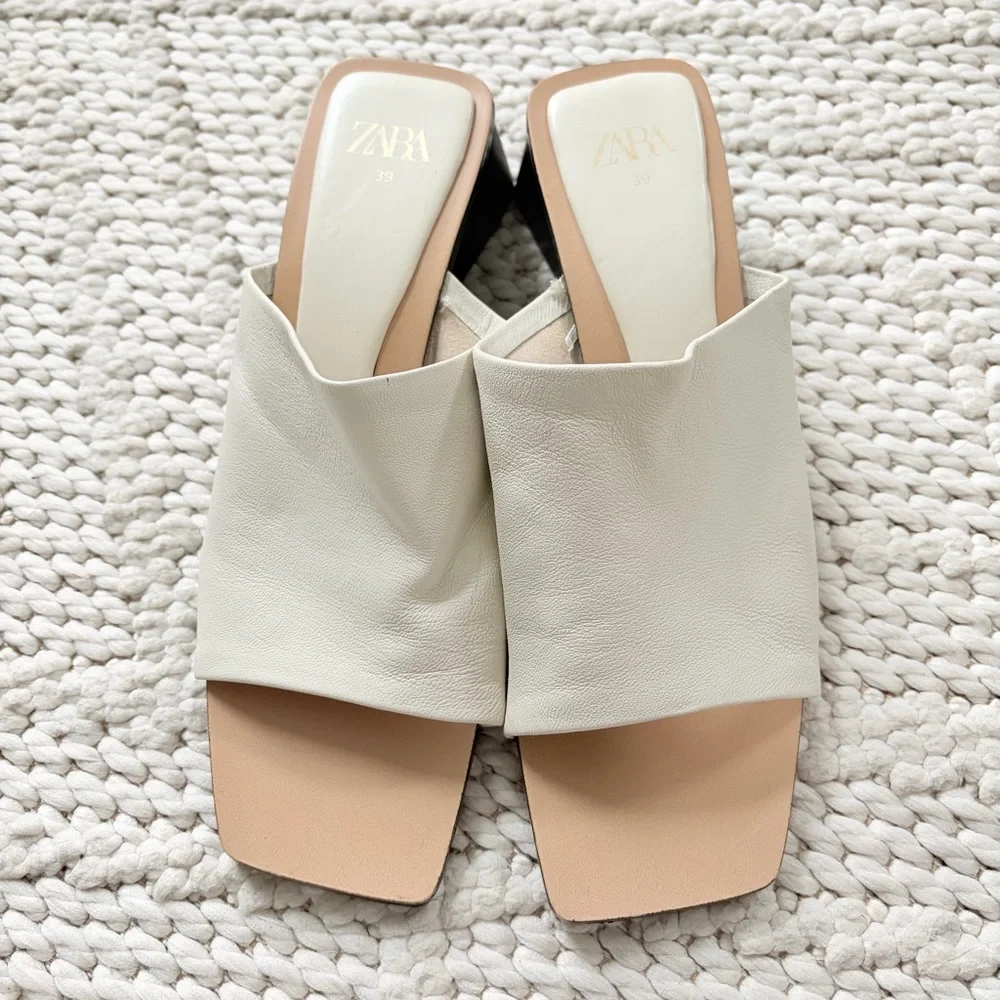 ZARA Cream Ivory White Leather Block Heel Sandals Womens 39 9 EUC - Picture 2 of 7